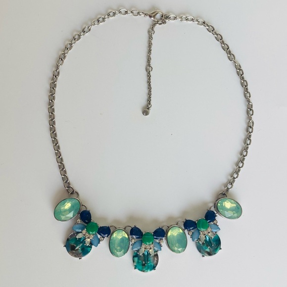 Blue Green Cabochon Rhinestone Silver Tone Statement Necklace - Picture 3 of 6